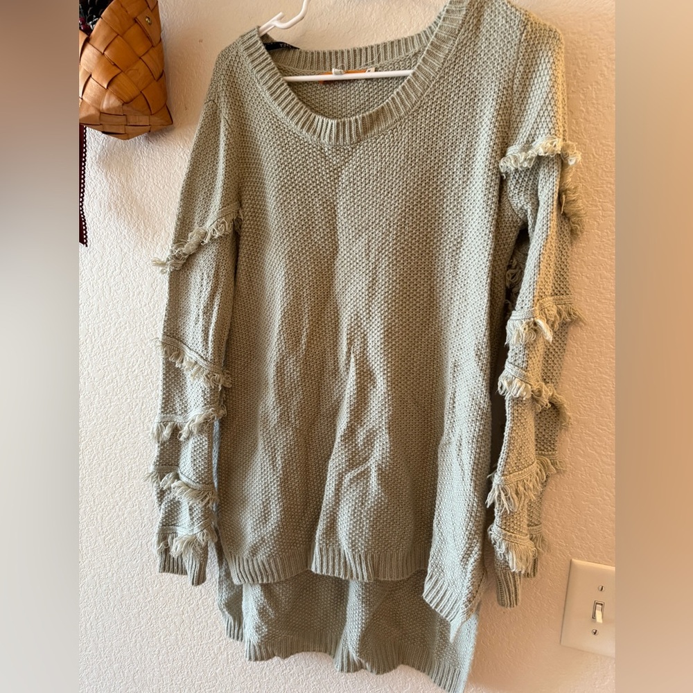 One A Sage Green Scoop-Neck Fringed Sleeve Sweater